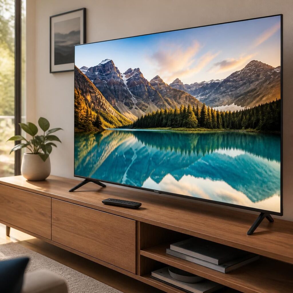 TV and remote on a wooden media console